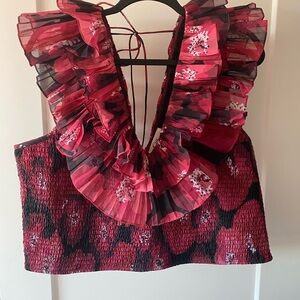 NWOT Red and Black Ruffled Cropped Blouse
